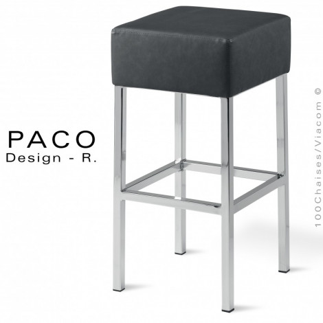 Tabouret de cuisine design PACO, assise garnie habillage cuir, piétement et repose pieds acier peint ou chromé brillant.|Tabouret|100chaises