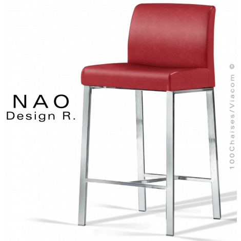 Tabouret de cuisine design NAO, assise et dossier habillage cuir, piétement et repose pieds acier peint ou chromé brillant.|Tabouret|100chaises