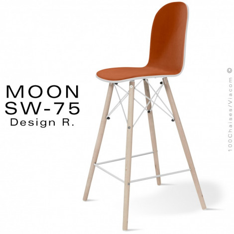 Tabouret de bar MOON-SW75, piétement hêtre massif légèrement conique vernis, assise multiplis peint, habillage tissu Alcantara.|Tabouret|100chaises