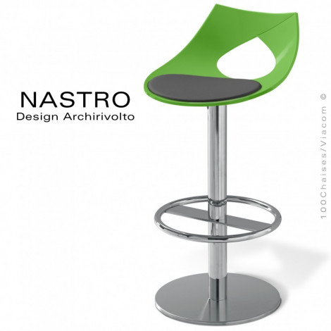 Tabouret de bar design NASTRO, piétement colonne centrale chromé brillant, assise coque plastique couleur avec coussin.|Tabouret|100chaises