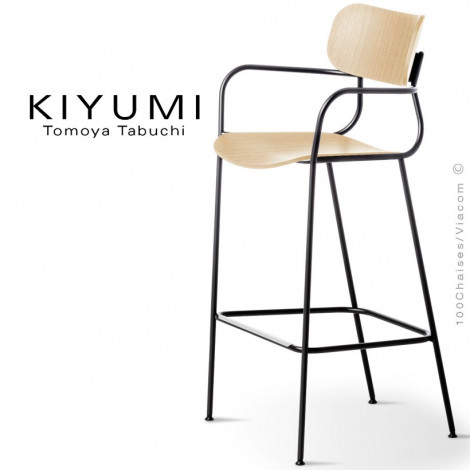 Tabouret de bar KIYUMI-WOOD-ST, 4 pieds structure acier, assise et dossier en contreplaqué de frêne. Lot de 4 pièces.|Tabouret|100chaises