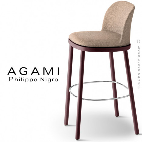 Tabouret de bar design AGAMI, assise et dossier habillage tissu tissé, piétement bois de hêtre vernis avec repose pieds chromé.|Tabouret|100chaises