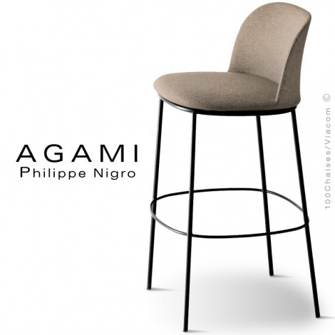 Tabouret confort de bar design AGAMI, assise et dossier habillage tissu tissé, piétement acier peint ou chromé brillant.|Tabouret|100chaises