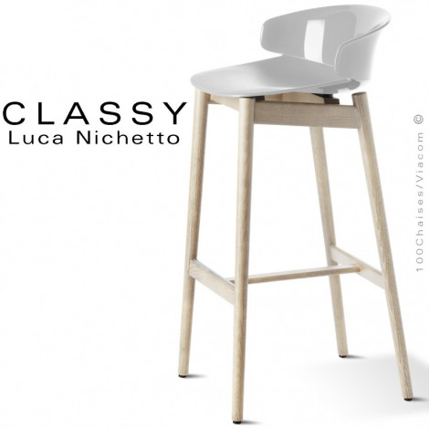 Tabouret de bar design CLASSY, piétement en bois de Frêne massif teinté, assise coque plastique couleur.|Tabouret|100chaises