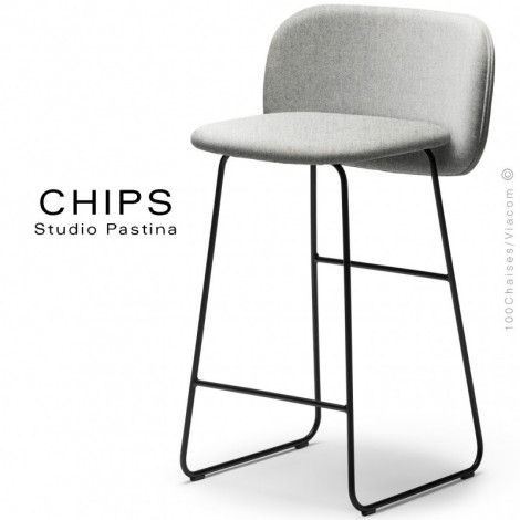 Tabouret confort de cuisine design CHIPS-65, piétement luge acier peint noir, assise, dossier habillage tissu feutre 100% laine.|Tabouret|100chaises