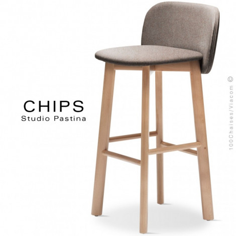 Tabouret bois de bar design CHIPS-80, piétement bois vernis, assise et dossier habillage tissu type feutre 100% laine.|Tabouret|100chaises