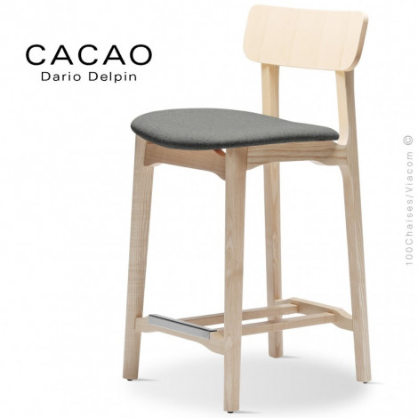 Tabouret bois de cuisine design CACAO, structure bois de Frêne avec repose pieds, vernis ou teinté, assise habillage tissu.|Tabouret|100chaises