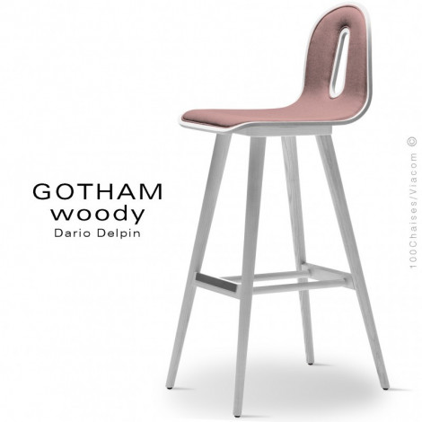 Tabouret de bar design GOTHAM WOODY-SG-80-I, piétement bois de Frêne conique, assise multiplis de bois habillage tissu.|Tabouret|100chaises