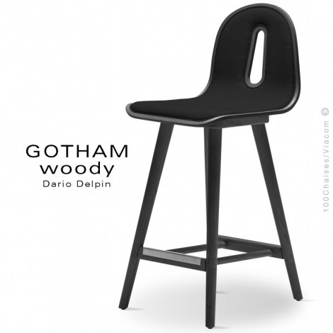 Tabouret de cuisine design GOTHAM WOODY-SG-65-I, piétement bois massif de Frêne conique, assise multiplis habillage tissu.|Tabouret|100chaises