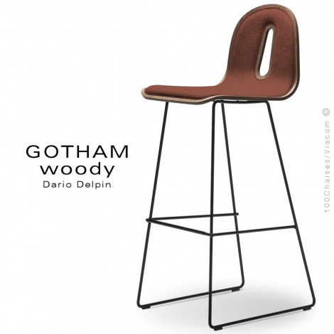 Tabouret de bar design GOTHAM WOODY-SL-SG-80-I, piétement luge acier peint, assise bois placage Noyer, habillage tissu.|Tabouret|100chaises