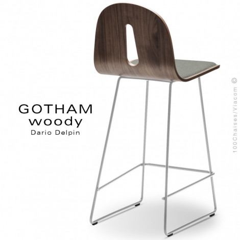 Tabouret de cuisine design GOTHAM WOODY-SL-SG-65-I, piétement luge acier peint, assise bois placage Noyer, habillage tissu.|Tabouret|100chaises