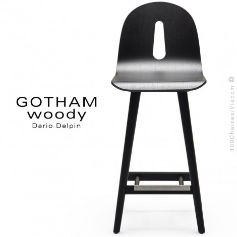 Tabouret de cuisine design GOTHAM WOODY-SG-65, piétement bois massif Frêne conique, assise multiplis de bois vernis et teinté.|Tabouret|100chaises