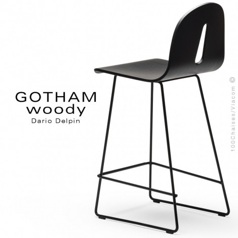 Tabouret de cuisine design GOTHAM WOODY-SL-SG-65, piétement luge acier peint, assise bois placage Noyer ou teinté noir mat.|Tabouret|100chaises
