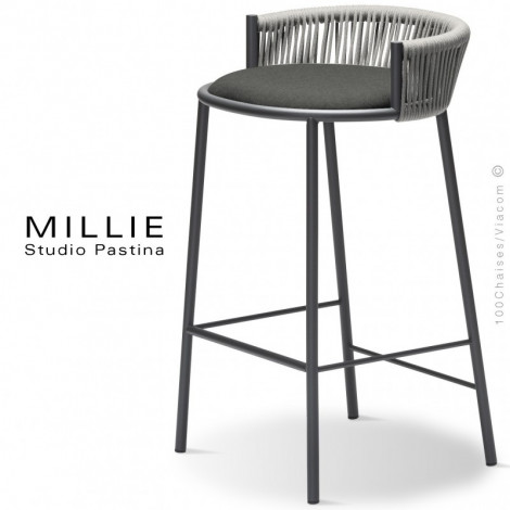 Tabouret de cuisine design MILLIE-65, piétement acier peint, assise tissu hydrofuge, dossier corde marine tressé.|Tabouret|100chaises