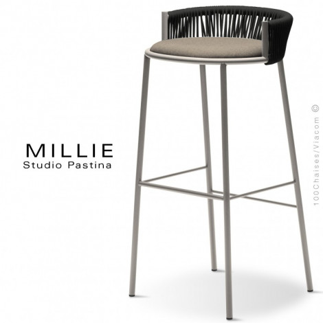 Tabouret de bar d'extérieur design MILLIE-80, piétement acier peint, assise tissu hydrofuge, dossier corde marine tressé.|Tabouret|100chaises