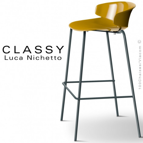 Tabouret de bar design CLASSY, piétement acier peint avec repos pieds, assise coque plastique couleur - Lot de 4 pièces.|Tabouret|100chaises