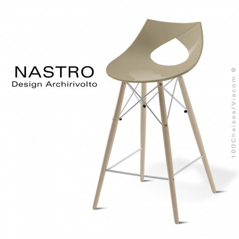 Tabouret de cuisine ou îlot central design NASTRO, assise plastique couleur avec coussin, piétement bois massif de hêtre vernis.|Tabouret|100chaises