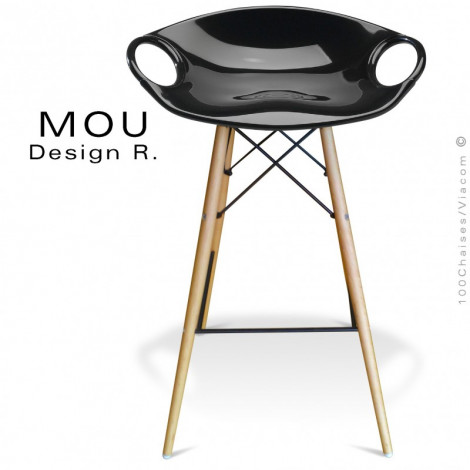 Tabouret de bar design MOU-SW75, assise coque plastique couleur, piétement bois vernis avec repose pieds acier peint.|Tabouret|100chaises Tabouret de bar design MOU-SW75, assise coque plastique couleur, piétement bois vernis avec repose pieds acier peint.|Tabouret|100chaises