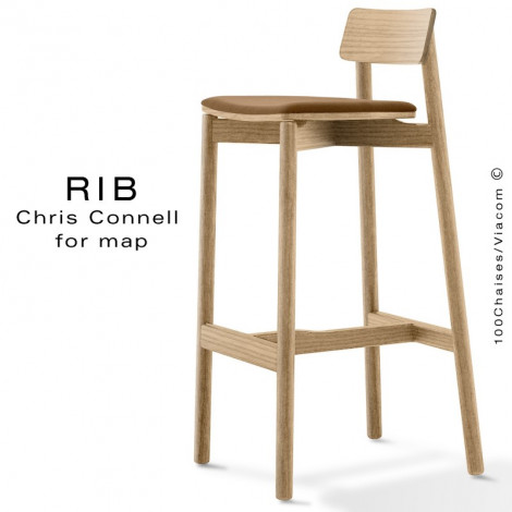 Tabouret de bar design RIB, piétement en bois massif de frêne vernis ou peint, assise garnie, habillage tissu.|Tabouret|100chaises