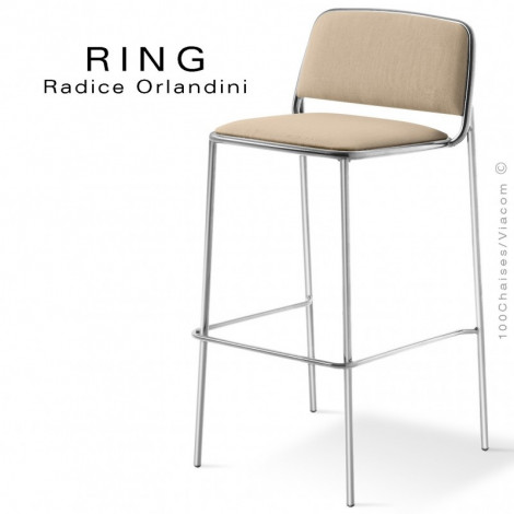 Tabouret de bar design RING, assise et dossier garnis de mousse, habillage tissu, piétement acier peint ou chromé brillant.|Tabouret|100chaises