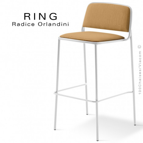 Tabouret de bar confort design RING, assise et dossier garnis de mousse, habillage tissu tissé, piétement acier peint.|Tabouret|100chaises