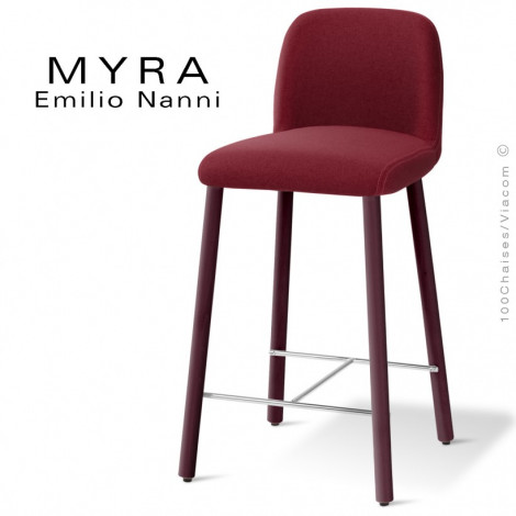 Tabouret de cuisine design MYRA, assise et dossier garnis de mousse, habillage tissu couleur, piétement bois vernis.|Tabouret|100chaises