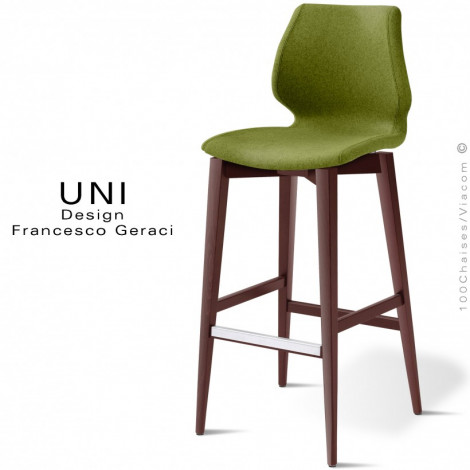 Tabouret confort de bar UNI, assise coque effet matelassé, habillage tissu, piétement 4 pieds bois teinté.|Tabouret|100chaises