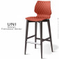 Tabouret de bar design UNI, assise et dossier coque plastique effet matelassé couleur, piétement bois massif de hêtre teinté.|Tabouret|100chaises
