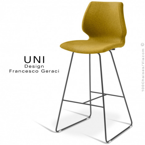 Tabouret de bar UNI, dossier coque effet matelassé couleur, assise mousse et habillage tissu, piétement luge peint ou chromé.|Tabouret|100chaises