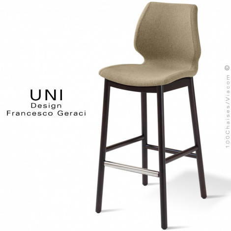 Tabouret de bar design UNI, assise coque effet matelassé couleur, habillage tissu, piétement bois teinté de section ronde.|Tabouret|100chaises