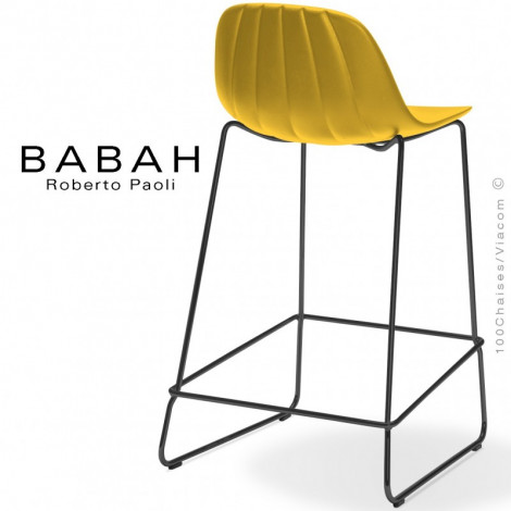 Tabouret de cuisine design BABAH, pieds luge acier peint ou chromé brillant, assise coque plastique couleur, dossier nervuré.|Tabouret|100chaises