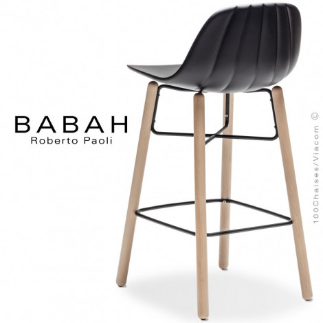Tabouret de cuisine design BABAH Wood, pieds hêtre vernis, structure acier peint, assise plastique couleur, dossier nervuré.|Tabouret|100chaises