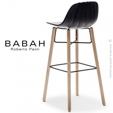 Tabouret de bar design BABAH Wood, pieds hêtre vernis, structure acier peint, assise plastique couleur, dossier nervuré.|Tabouret|100chaises
