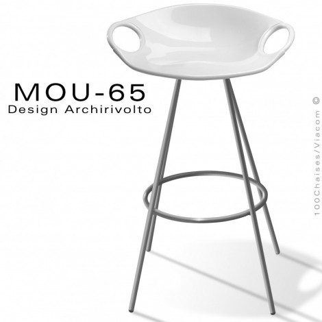 Tabouret design pour cuisine MOU-65, assise coque plastique couleur, piétement 4 pieds acier peint ou chromé avec repose pieds.|Tabouret|100chaises Tabouret design pour cuisine MOU-65, assise coque plastique couleur, piétement 4 pieds acier peint ou chromé avec repose pieds.|Tabouret|100chaises