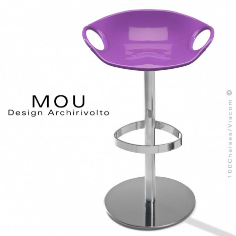 Tabouret de bar design MOU, pied colonne centrale et repose pieds acier chromé brillant, hauteur fixe, assise plastique couleur.|Tabouret|100chaises Tabouret de bar design MOU, pied colonne centrale et repose pieds acier chromé brillant, hauteur fixe, assise plastique couleur.|Tabouret|100chaises