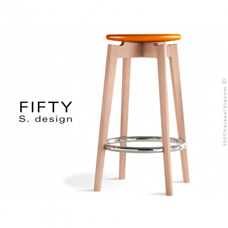 Tabouret de cuisine design FIFTY-65, assise bois peint couleur, piétement bois massif naturel avec repose-pieds chromé.|Tabouret|100chaises