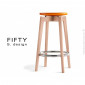 Tabouret de cuisine design FIFTY-65, assise bois peint couleur, piétement bois massif naturel avec repose-pieds chromé.|Tabouret|100chaises