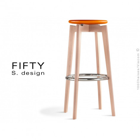 Tabouret de bar design FIFTY-78 assise bois massif peint de couleur, piétement bois naturel vernis avec repose-pieds chromé.|Tabouret|100chaises