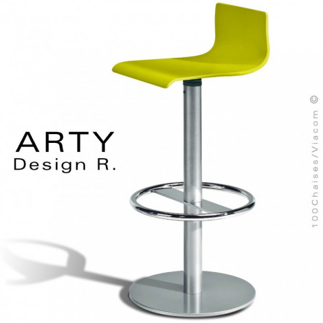 Tabouret de bar ARTY, assise pivotante en multiplis de bois de hêtre peint, piétement colonne centrale acier chromé brillant.|Tabouret|100chaises