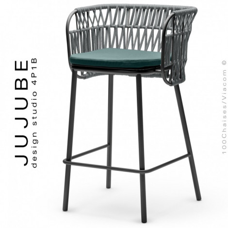 Tabouret de bar confort pour terrasse extérieur JUJUBE, structure acier peint, avec coussin tissu, dossier corde marine tressé.|Tabouret|100chaises