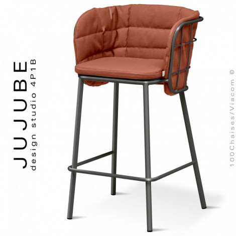 Tabouret de bar confort design pour terrasse extérieur JUJUBE, piétement acier peint, assise coussin tissu hydrofuge.|Tabouret|100chaises