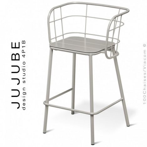Tabouret de bar pour terrasse extérieur design JUJUBE, piétement et structure acier peint, assise coussin tissu hydrofuge.|Tabouret|100chaises