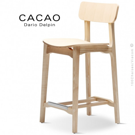 Tabouret bois de cuisine design CACAO, structure 4 pieds en bois de Frêne avec repose pieds inox, vernis naturel ou teinté.|Tabouret|100chaises
