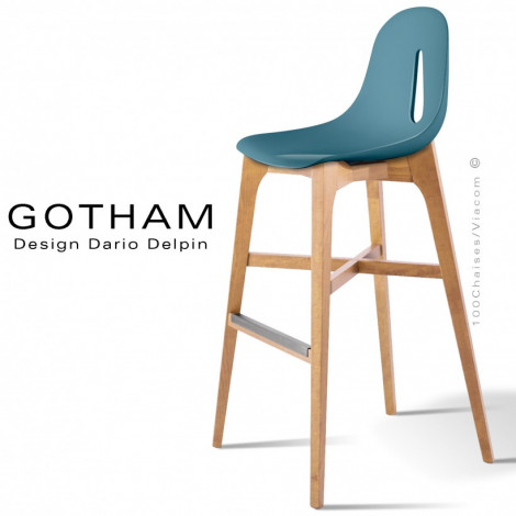 Tabouret de bar design GOTHAM-W-SG-80, piétement bois massif de hêtre, vernis ou peint, assise coque plastique couleur.|Tabouret|100chaises