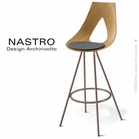 Tabouret de bar NASTRO-SRH75, assise multiplis de bois finition placage Zébrano avec coussin, piétement acier peint ou chromé.|Tabouret|100chaises