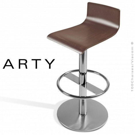 Tabouret de bar ARTY, assise pivotante multiplis de bois de hêtre teinté, piétement colonne centrale acier chromé brillant.|Tabouret|100chaises