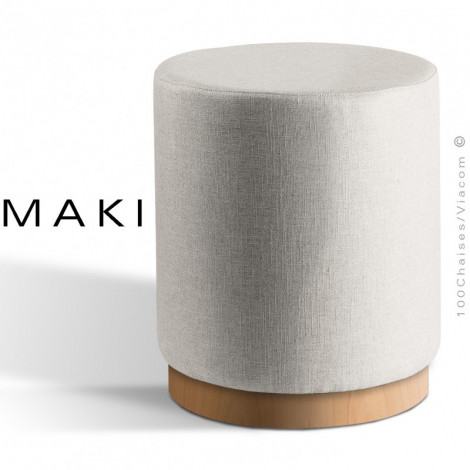 Pouf rond design MAKI, avec socle placage bois de hêtre vernis, assise et côte habillage tissu tissé couleur.|Tabouret|100chaises