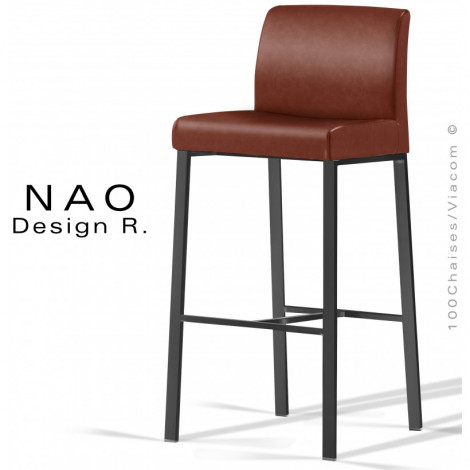 Tabouret de bar design NAO, assise et dossier habillage cuir, piétement et repose pieds acier peint ou chromé brillant.|Tabouret|100chaises