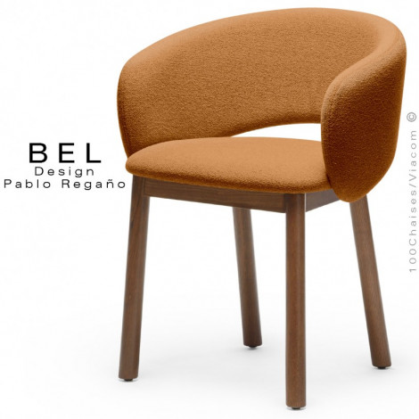 Fauteuil repas confort design BEL, piétement bois massif de Frêne vernis, assise et dossier habillage tissu bouclé bicolore.|Fauteuil / Chauffeuse|100chaises