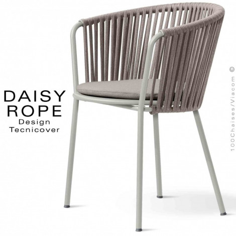 Fauteuil repas d'extérieur design DAISY-ROPE, structure acier peint, tressage cordage, assise coussin habillage tissu.|Fauteuil / Chauffeuse|100chaises